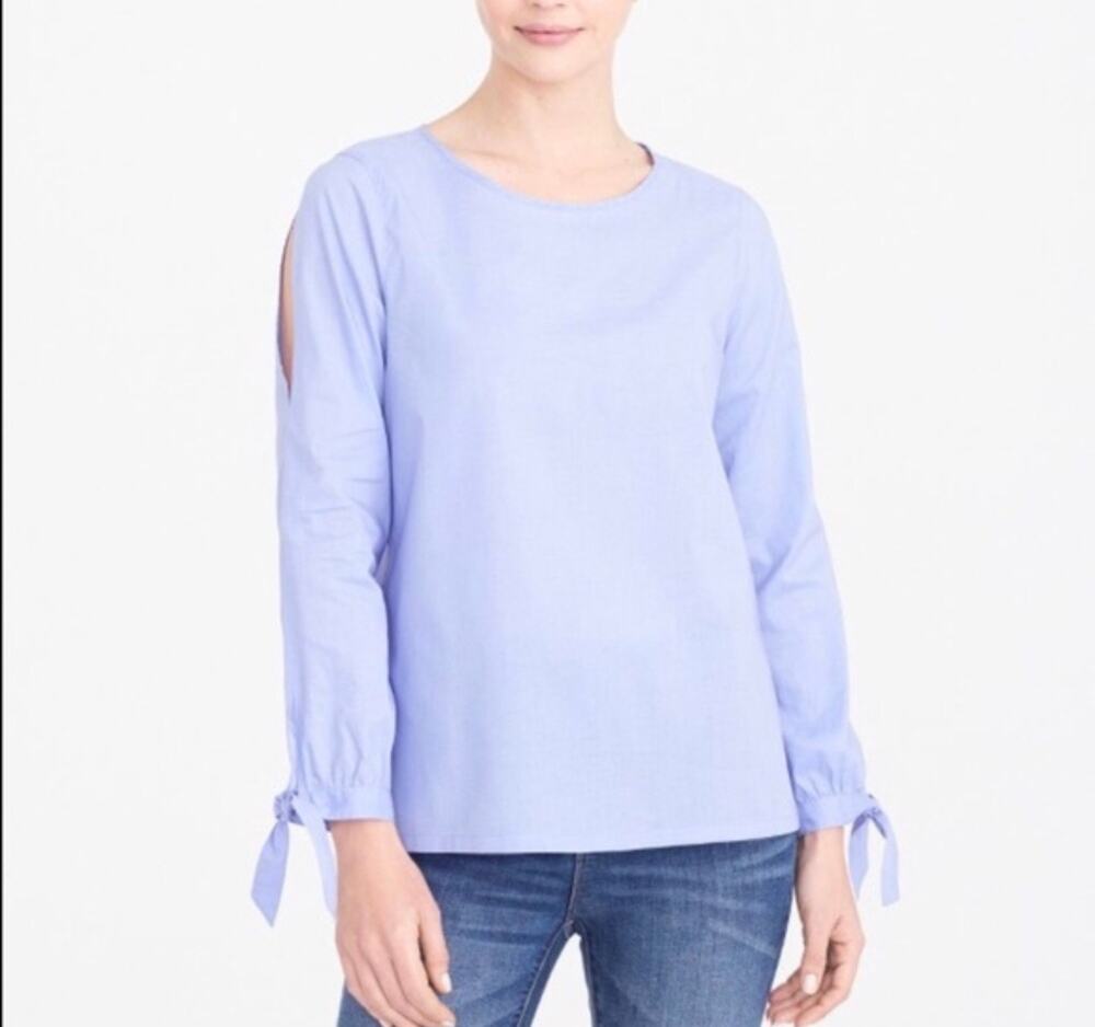 J.Crew Womens Medium Blue Cotton Tie Sleeve Cutout Blouse Top